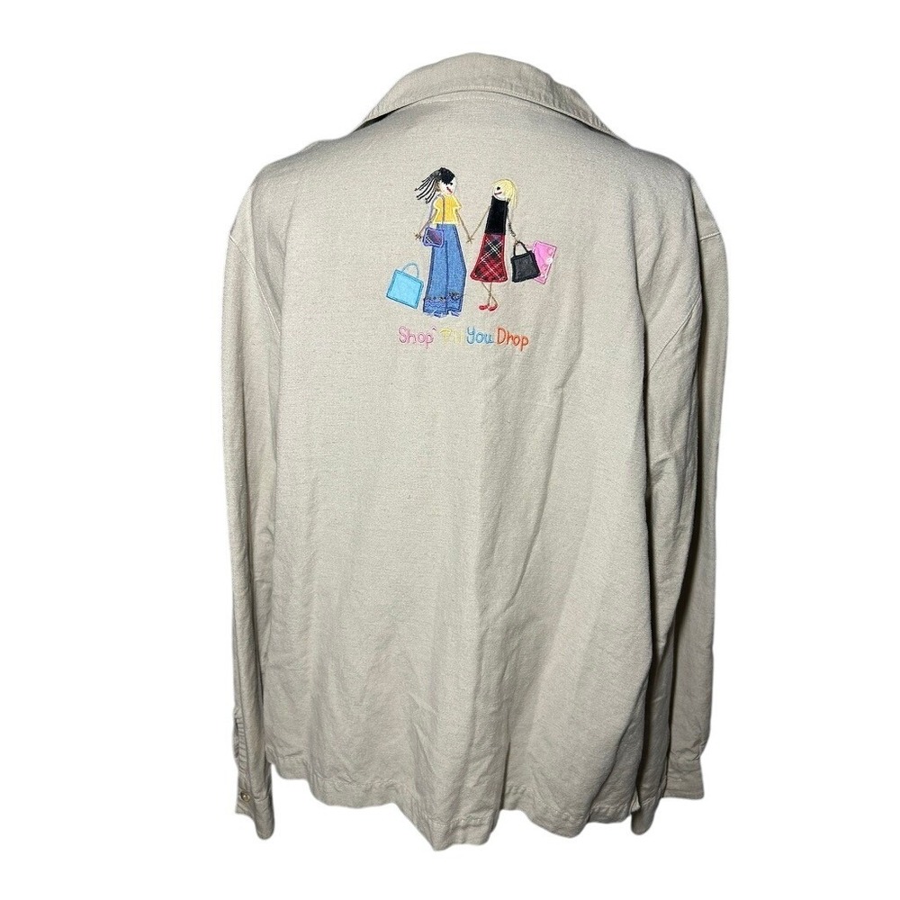 Lemon Grass Embroidery Khaki Button Up Shirt Women "Shop Til You Drop" - Picture 2 of 6